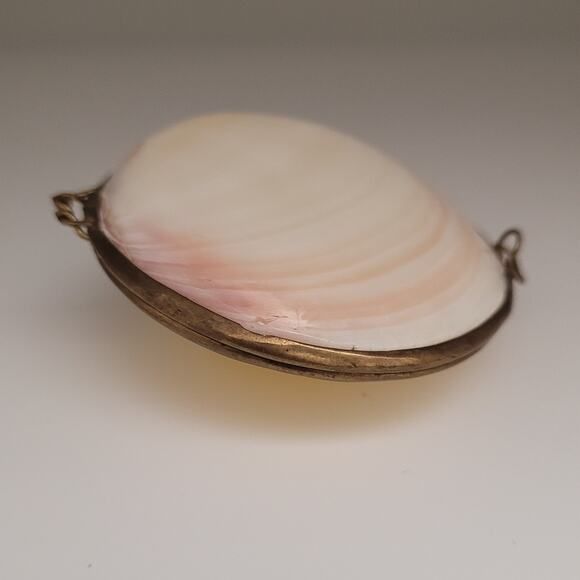 Seashell Hinged Trinket Box 3" Brass-Tone Rim Coastal Vanity Decor Siren Mermaid - Picture 2 of 13